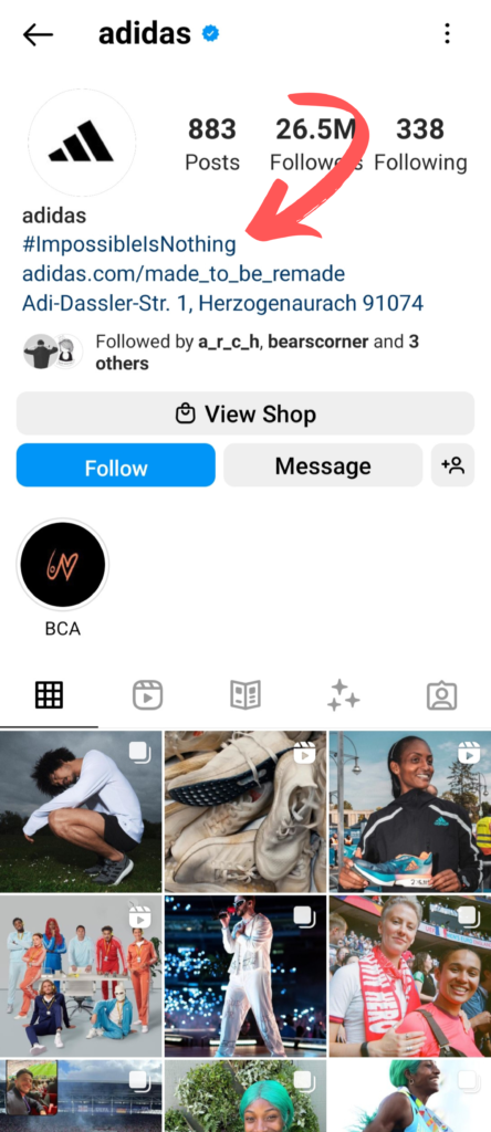 Instagram bio idea 7: Gắn thẻ các tài khoản liên quan và thêm hashtag thương hiệu thúc đẩy UGC content